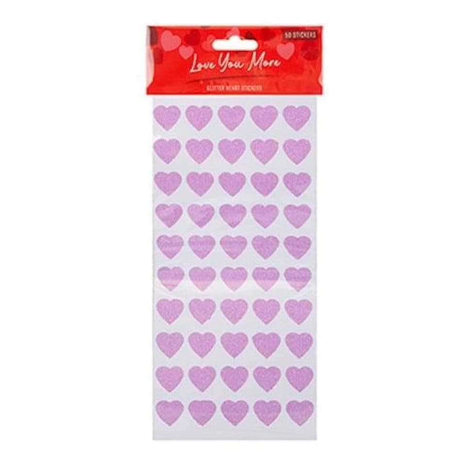 Pink Glitter Heart Shape Valentine's Stickers - Pack of 50