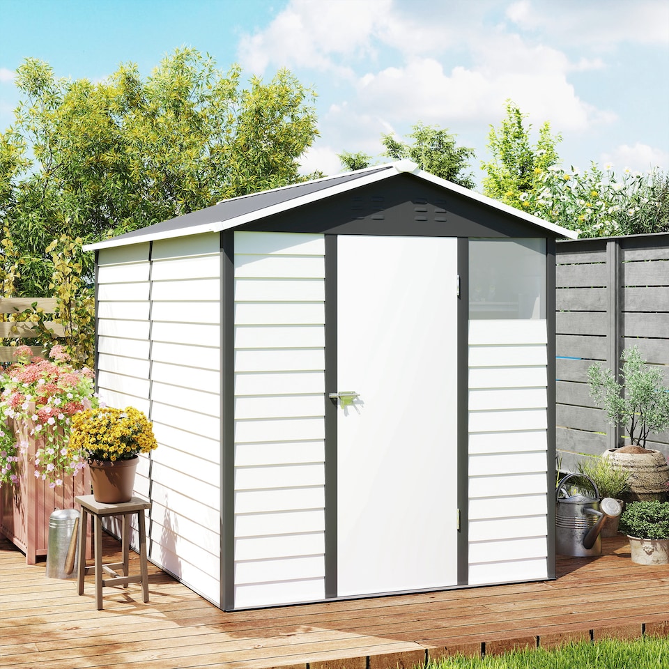 image 1 of Outsunny 9 x 6FT Metal Garden Shed, Tool Storage with Lockable Door, Window, Galvanised Outdoor Storage Shed for Garden, Patio, Dark Grey