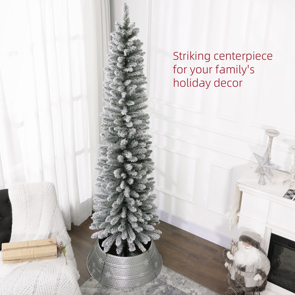 image 1 of HOMCOM 7ft Artificial Pencil Christmas Tree with 405 Snow Flocked Branches, Metal Base, Realistic mas Tree, White