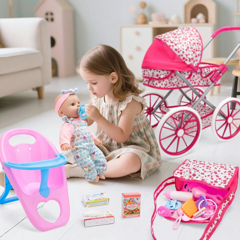 image 1 of 12 inch Baby Doll Feeding Play Set with Stroller High Chair Feeding Set Clothes Storage Bag Pretent Play