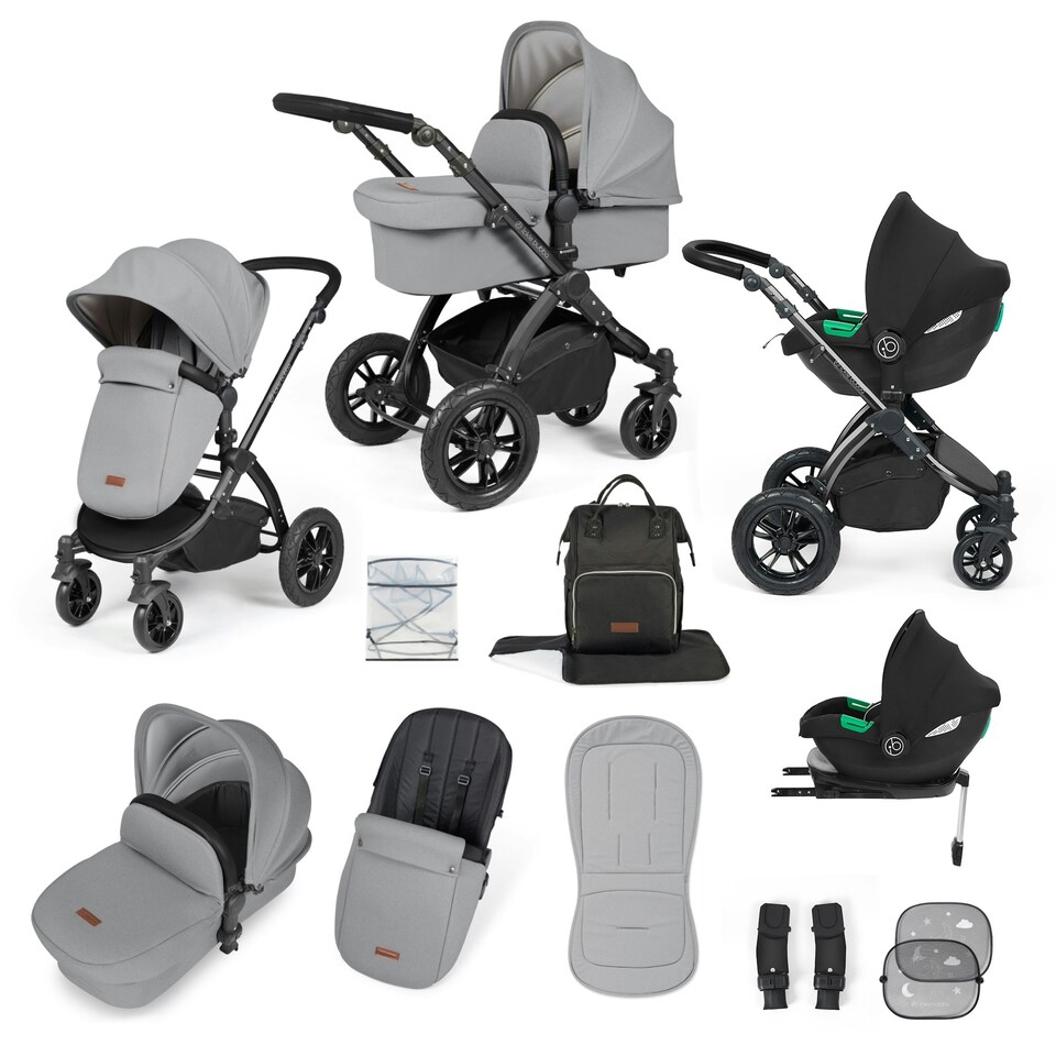image 1 of Stomp Luxe 12pc Travel System with Cirrus i-Size Car Seat & ISOFIX Base, Carrycot, Reversible Seat, Rain Cover & More (Black/Pearl Grey/Black)