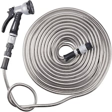 Easy Hose Stainless Steel Garden Water Hosepipe Rust Proof & Tangle Free with Hand Held Spray Nozzle (75ft) | Silver
