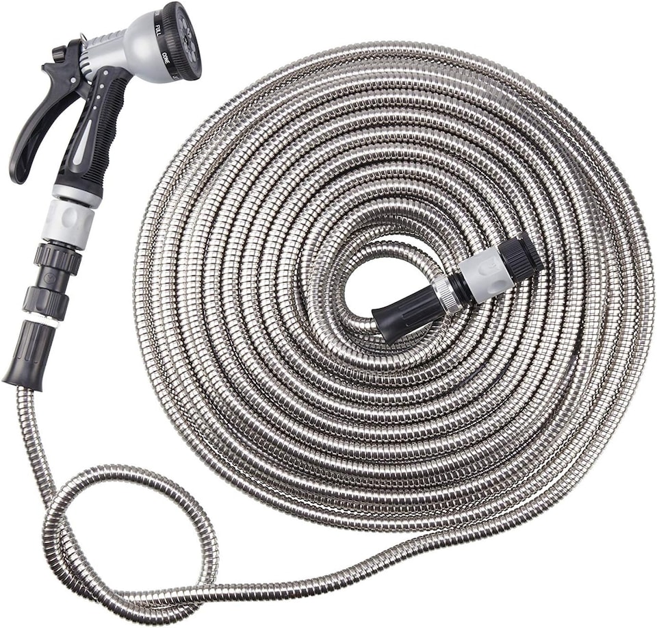 image 1 of Easy Hose Stainless Steel Garden Water Hosepipe Rust Proof & Tangle Free with Hand Held Spray Nozzle (75ft) | Silver