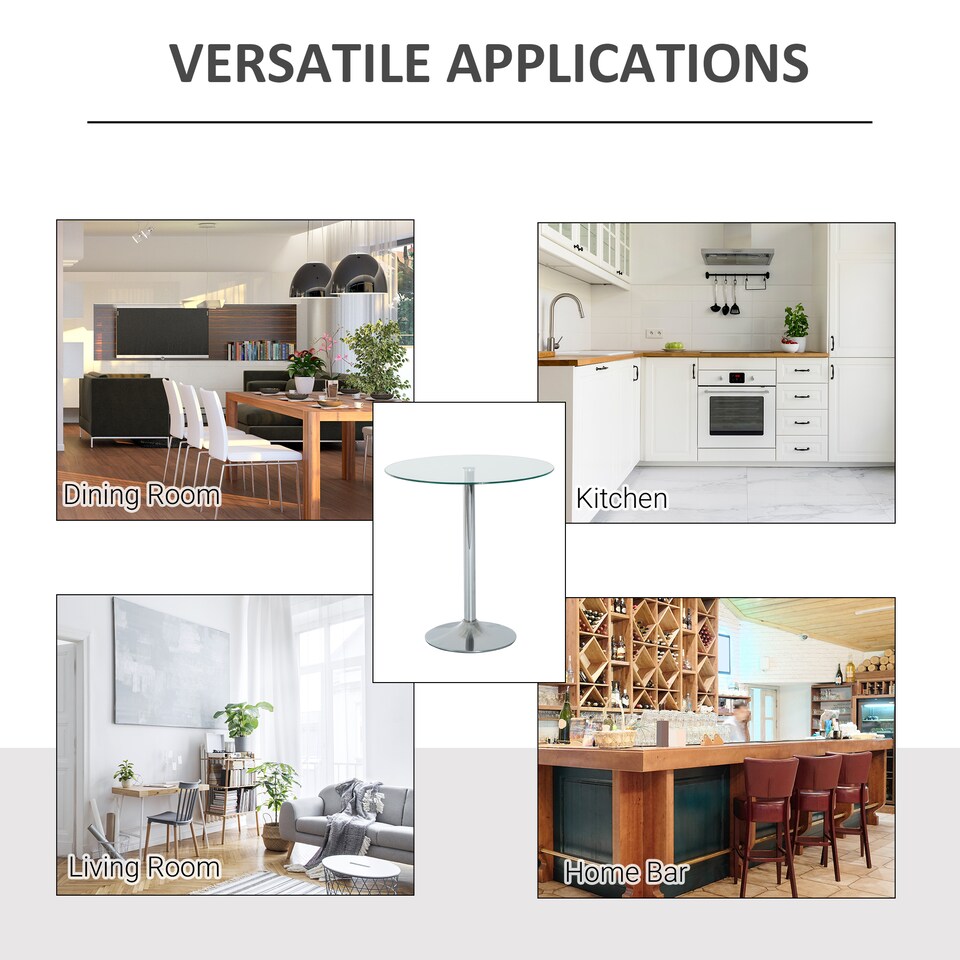 image 1 of HOMCOM Round Bar Table, Modern Dining Table with Tempered Glass Top and Steel Frame for 2, Easy Assembly for Breakfast Bar, Dining Room, 70 x 70 x 74.5cm, Clear