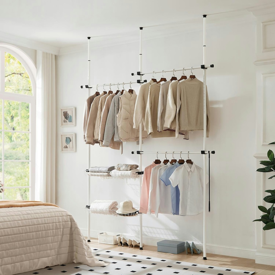 image 1 of Telescopic Wardrobe Organiser Double White Rail Clothes Rack Baskets Storage White | One Size