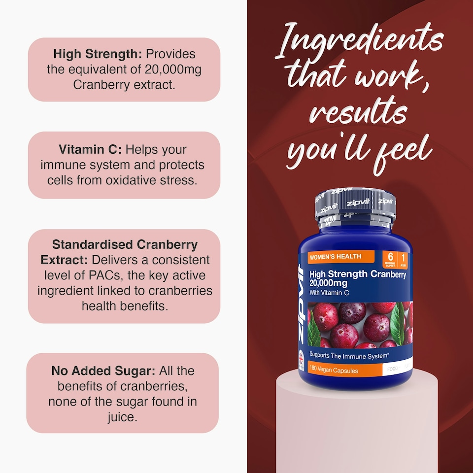 image 1 of Zipvit Cranberry 20,000mg – High Strength Immune Support with Vitamin C, 180 Vegan Capsules, 6-Month Supply