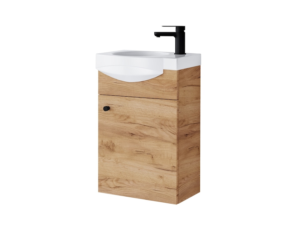 image 1 of Bathroom Vanity Unit with Basin 400mm Cloakroom Small Slim Sink Cabinet Wall Hung Oak Finish Avir