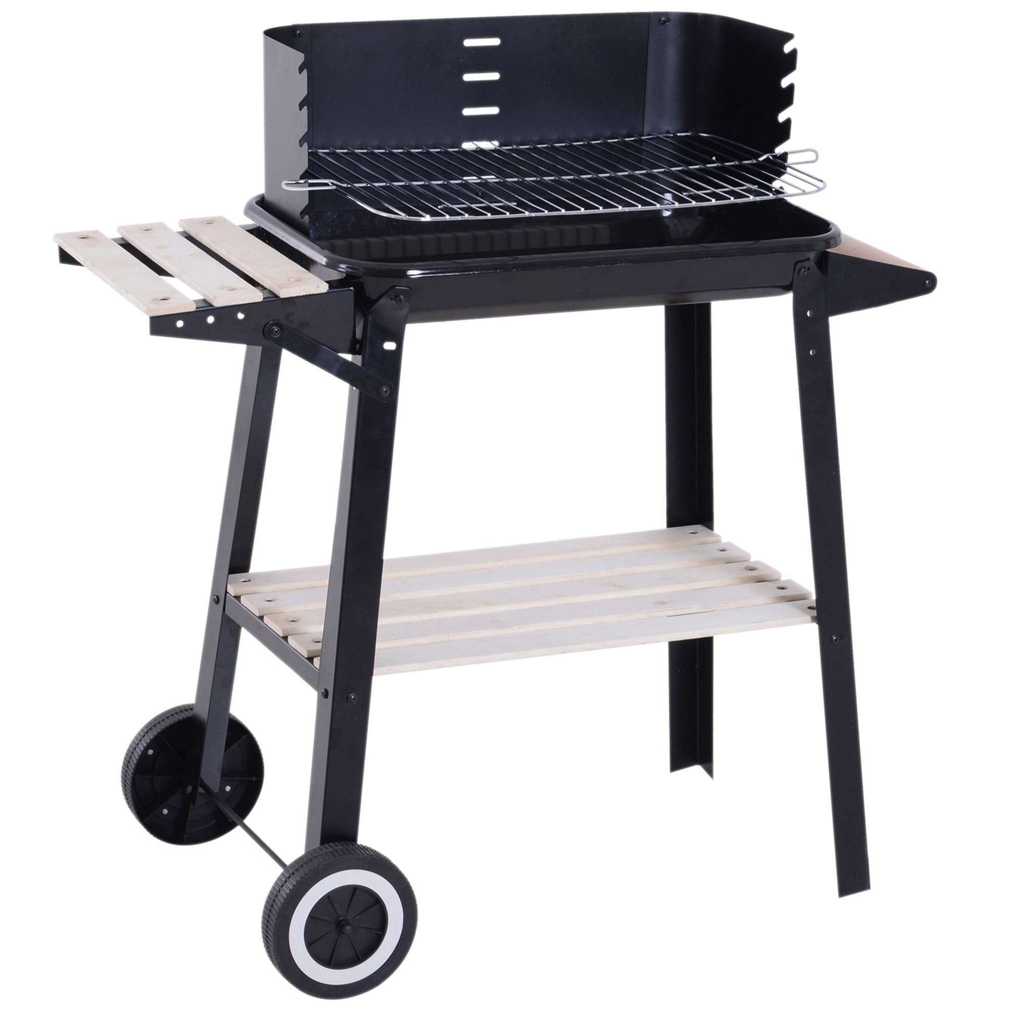 Outsunny Charcoal BBQ Grill Trolley Barbecue Patio Outdoor Garden Heating Smoker | Black | Black