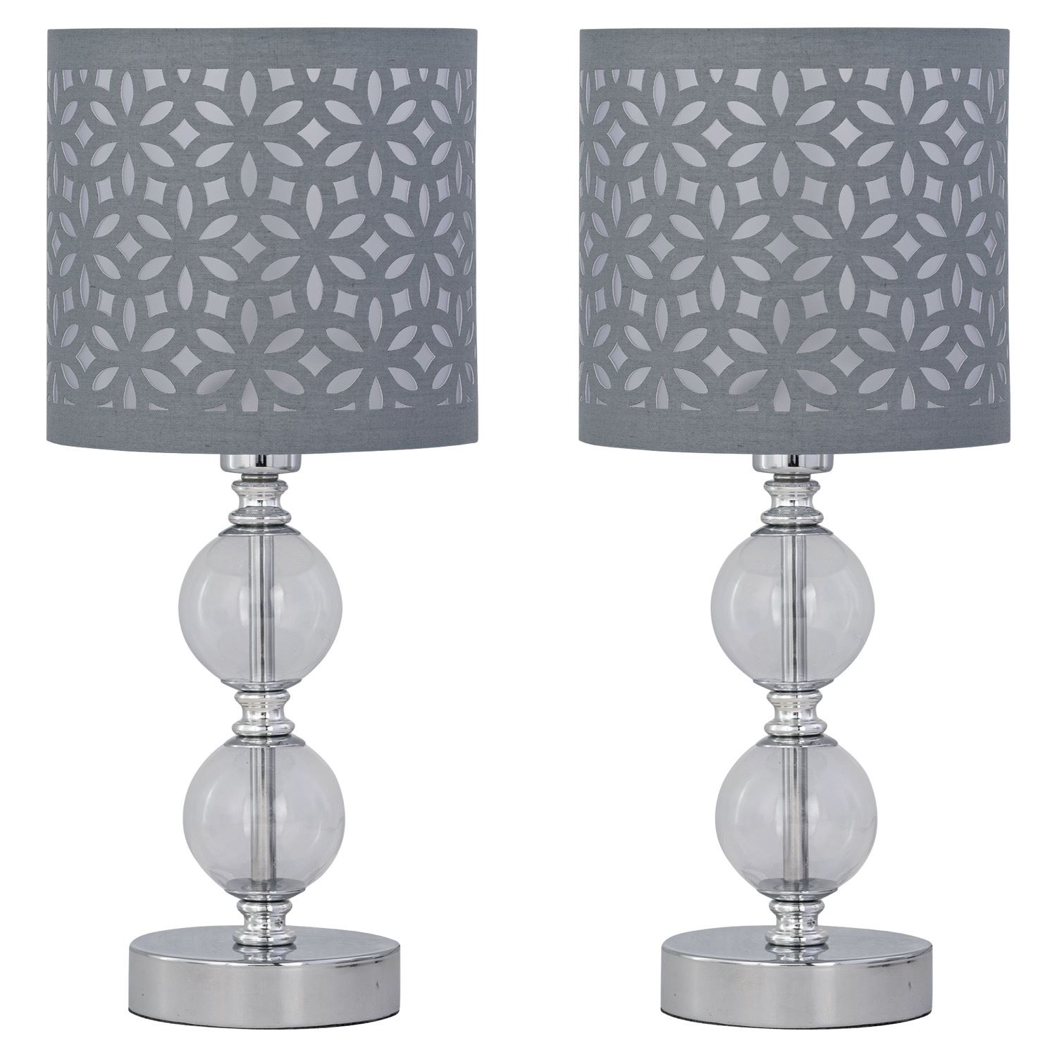 First Choice Lighting Set of 2 Chrome Two Ball Table Lamps with Grey Cut Out Shades in Silver