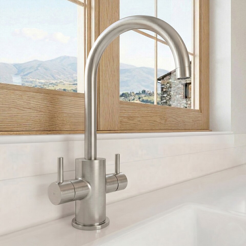 image 1 of Balterley Lacerta Minimalist Kitchen Mono Mixer Tap with Dual Lever Handles, High Curved Spout | Silver | Brushed Nickel | 1
