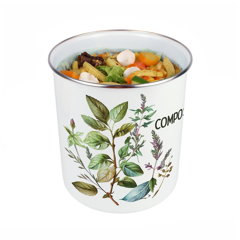 image 1 of Watercolour Herbs Compost Caddy - Metal 2L Decorative Kitchen Food Waste Bin