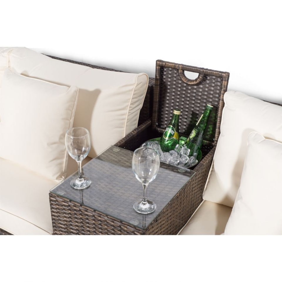 image 1 of Santorini U Shape Modular 10 Seat Rattan Sofa Set With Armrest Drinks Cooler, 2 Coffee Tables & 4 Stools Brown | Ivory