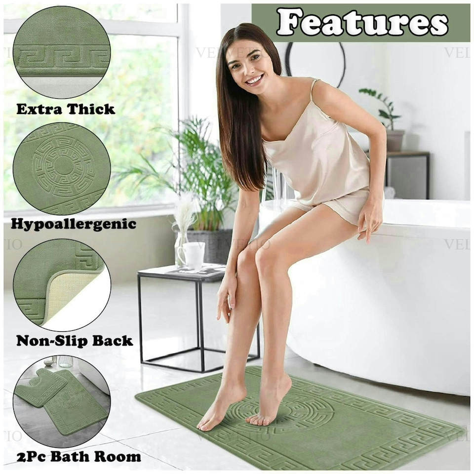 image 1 of VELVETIO Bath Mat Set Greek Pattern Anti Slip Memory Foam Toilet Rug Green | Sage Green