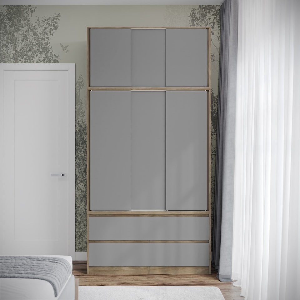 image 1 of 120cm 3 Sliding Doors Children Kids Wardrobe Bedroom Storage Closet Hanging Rail | Multi | Oak with Grey Doors | 1