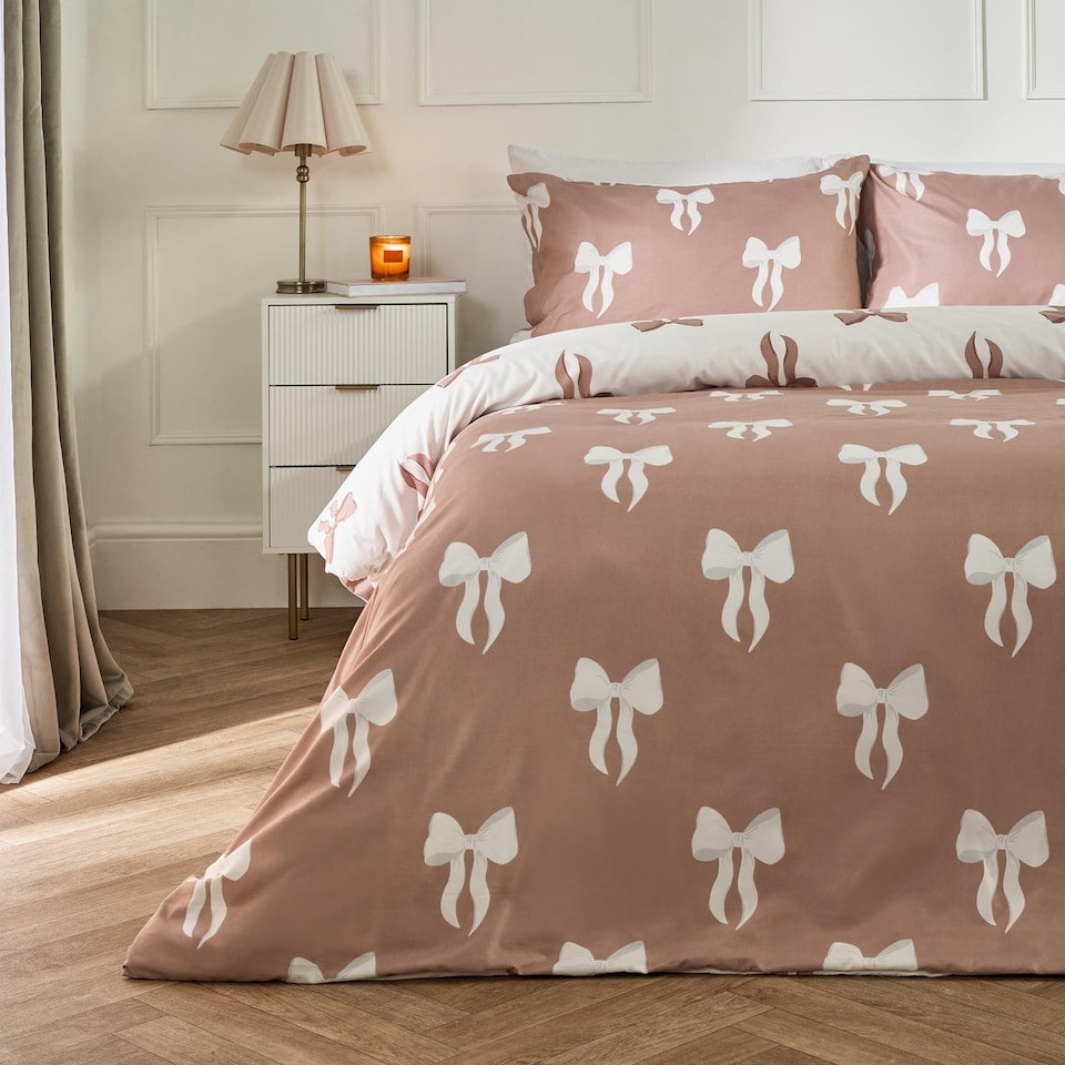 image 1 of OHS Bow Reversible Soft Cosy Plump Duvet Cover and Pillowcase Bedding Set | Multi | Ivory/Mink | Single