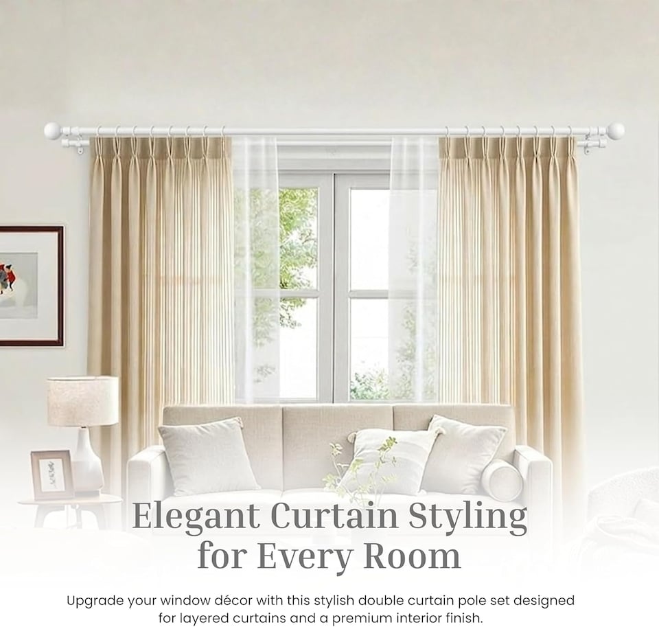 image 1 of Lister Cartwright Double Curtain Extendable Pole Set with White Ball Finials- 19mm & 28mm Metal Poles(120- 320 cm)