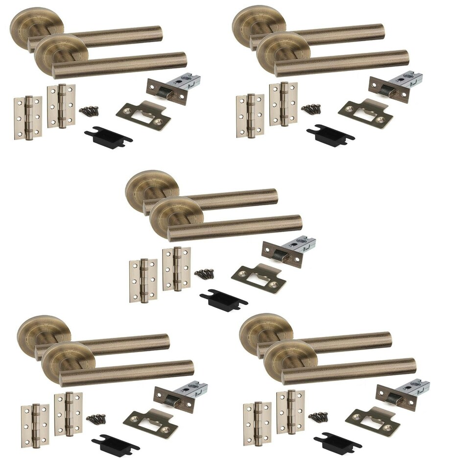image 1 of Golden Grace 5 Sets Straight T-Bar Design Door Handles in Antique Brass Finish with Tubular Latch and 1 Pair of 3" Ball Bearing Hinges Gold