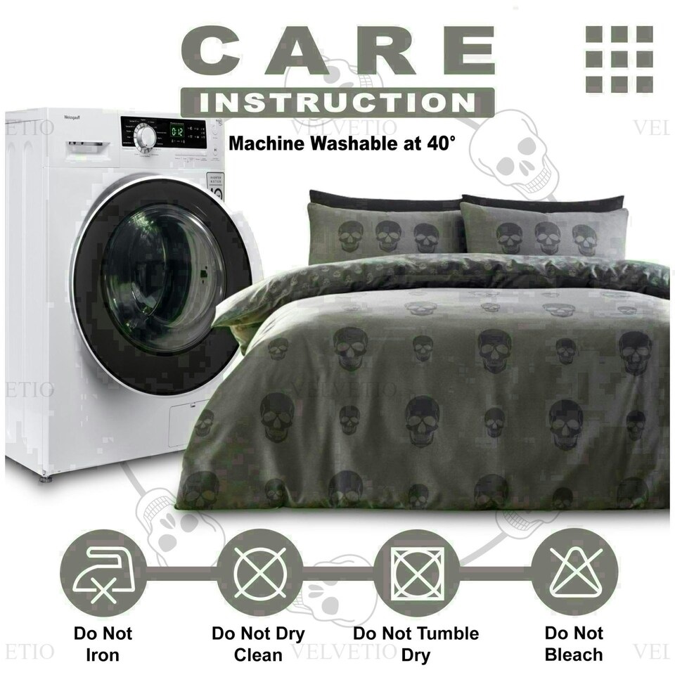 image 1 of Skull Charcoal Printed Duvet Cover Set Reversible Polycotton Beddings Grey | Double