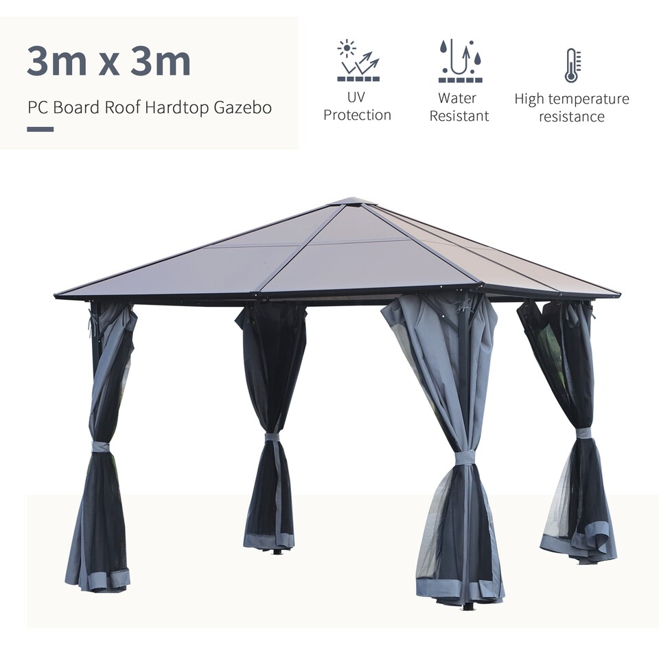 image 1 of Outsunnym 3 x 3m Hardtop Gazebo Canopy with Polycarbonate Roof, Aluminium Frame, Permanent Pavilion Garden Gazebo with Netting and Curtains  Grey
