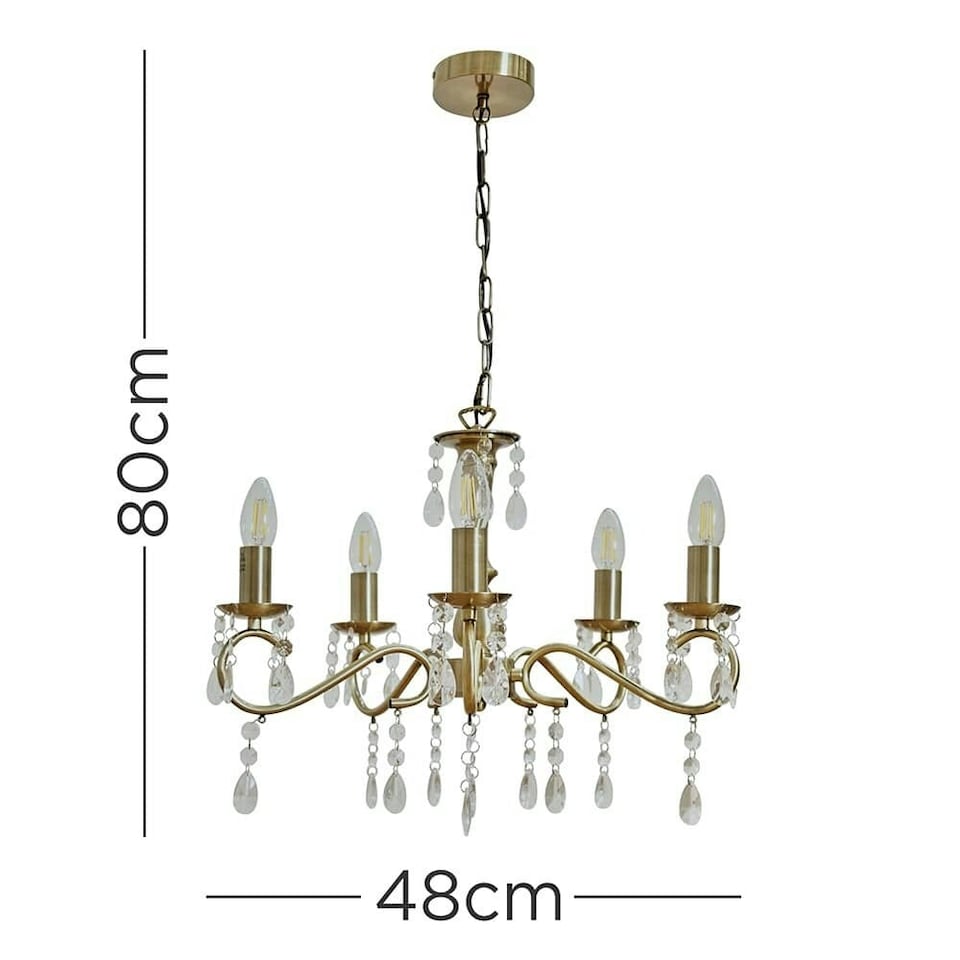 image 1 of ValueLights Antique Brass 5 Way Crystal Jewel Chandelier Ceiling Light Fitting | Gold