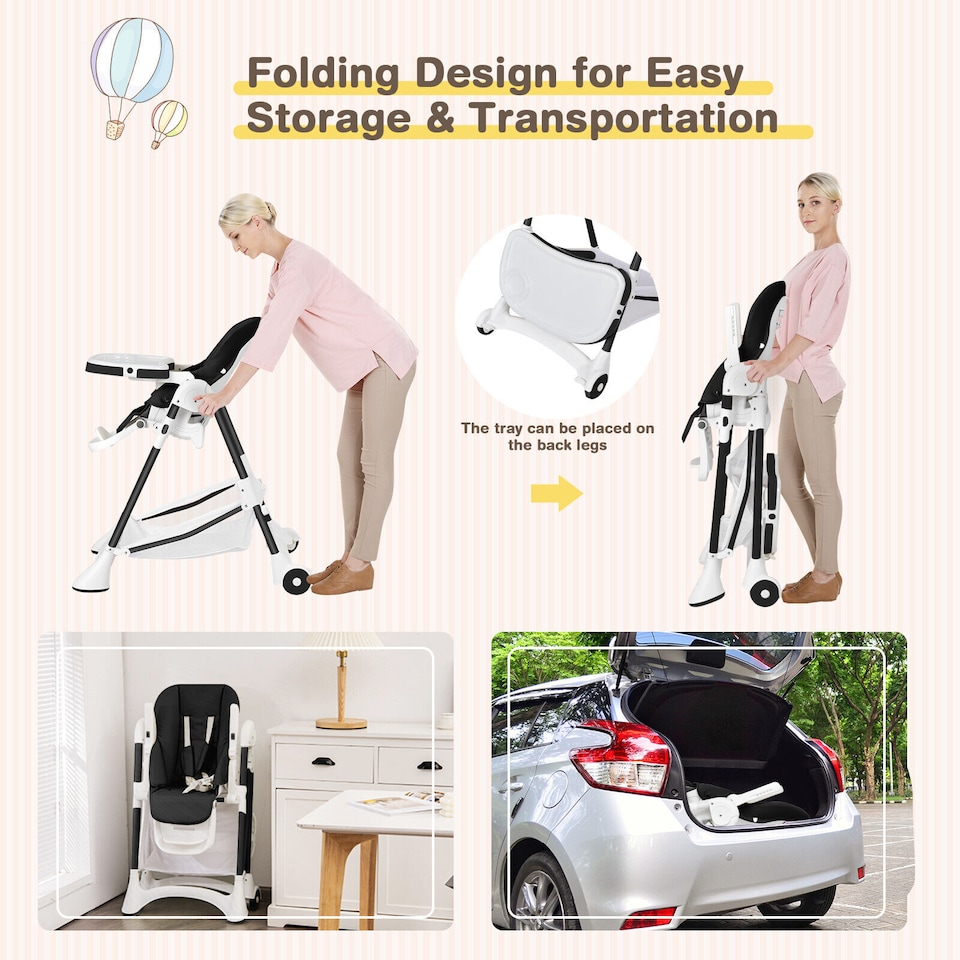 image 1 of COSTWAY Folding Baby High Chair Convertible Infant Portable Dining Highchair-Black
