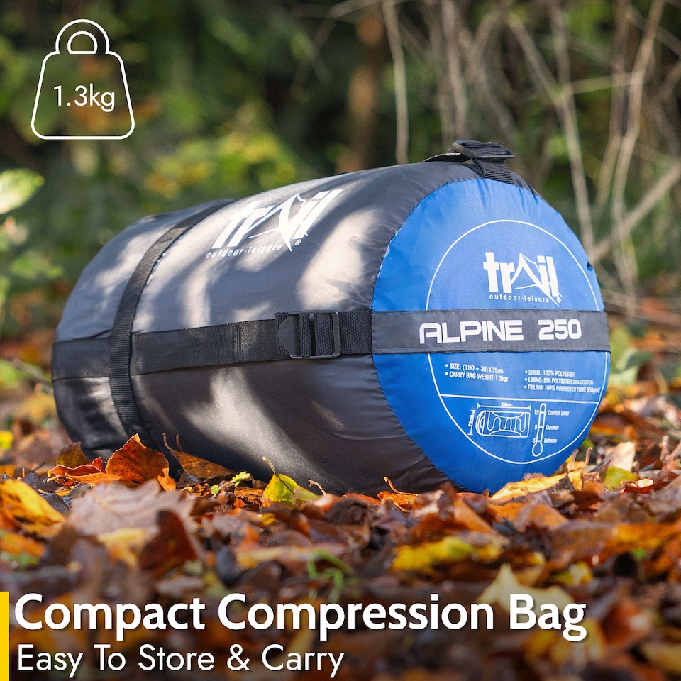 image 1 of Adult Sleeping Bag 3 Season Single Person Warm Hood Carry Bag Trail Alpine 250 | Blue | Single | 1