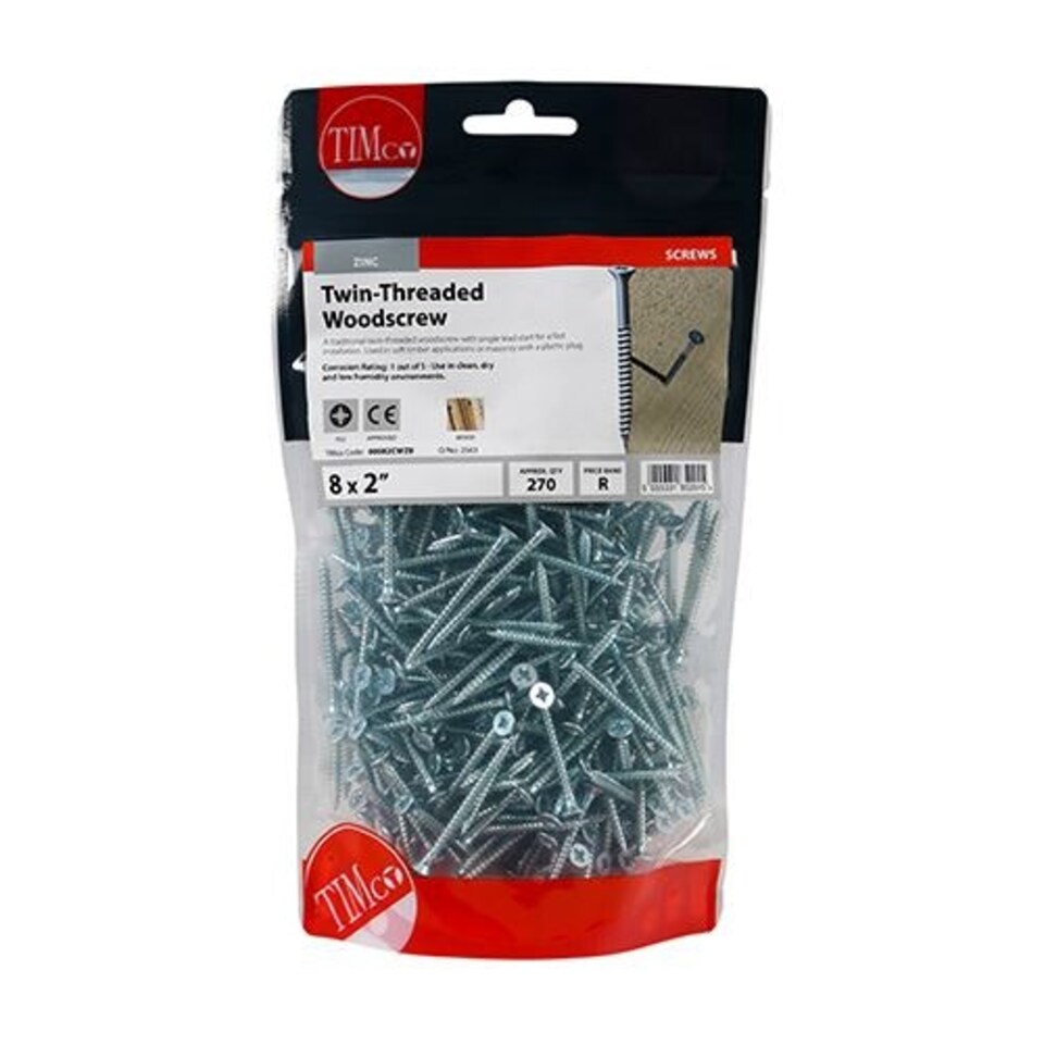 image 1 of Timco - Twin-Thread Woodscrews - PZ - Double Countersunk - Zinc (Size 8 x 2 - 270 Pieces)