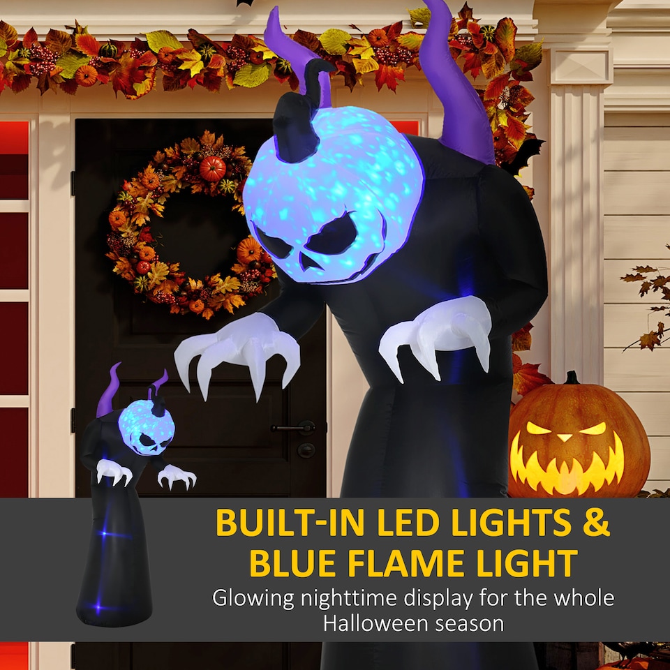 image 1 of Outsunny 7ft Inflatable Halloween Ghost with Horns, Blow-Up Outdoor LED Display with Flame Effect for Garden, Lawn, Party, Holiday