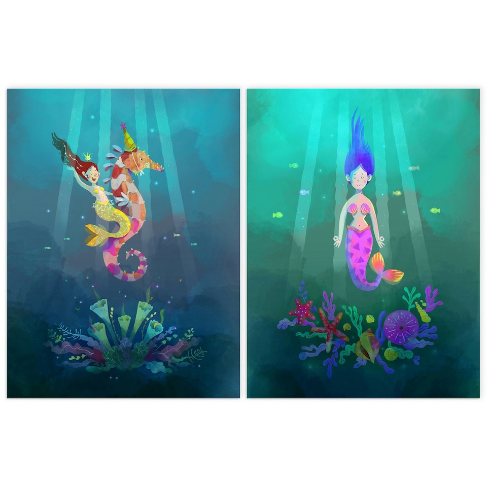 image 1 of Set of 2 Girl Kids Bedroom Fairytale Cartoon Mermaid Sea Princess Wall Art Print A4