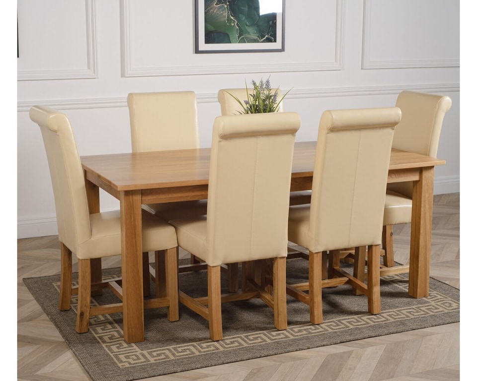 image 1 of Oslo 180 x 90 cm Large Oak Dining Table and 6 Washington Leather Chairs | Cream | Cream