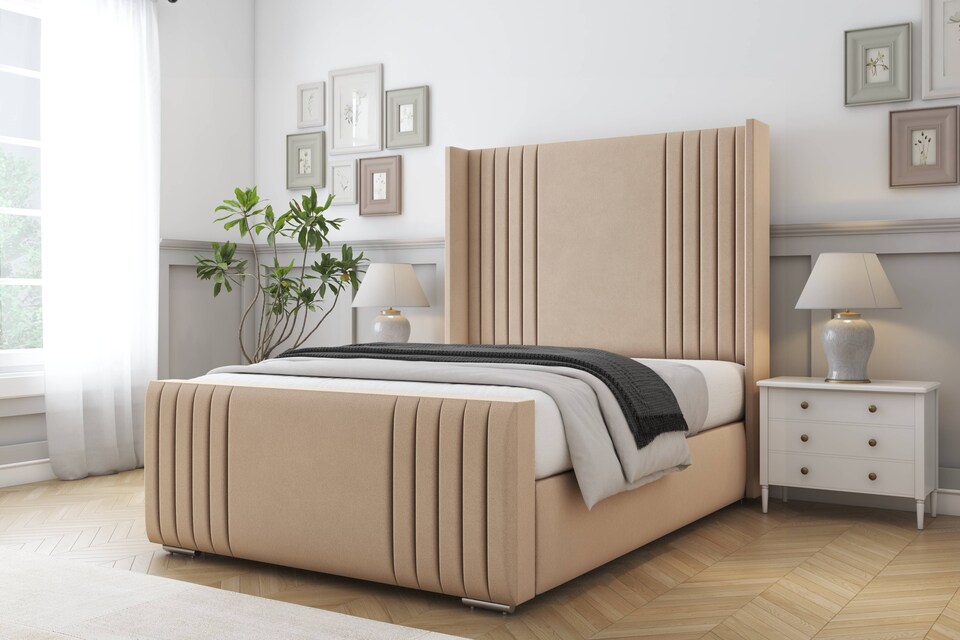 image 1 of Sloomy Camden Pebble Plush Bed Frame With Mattress With 50"  Upholstered Wingback Headboard 4' Small Double
