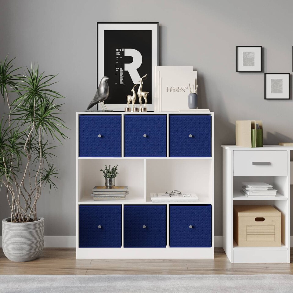 image 1 of Asymmetrical 8 Cube Bookcase Unit w/ 6 Drawer Inserts | White | White & Royal Blue | 8
