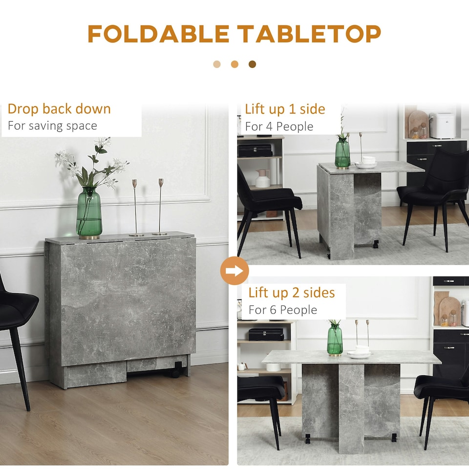 image 1 of HOMCOM Mobile Drop Leaf Dining Table Folding Desk w/ 2 Wheels Cement Grey