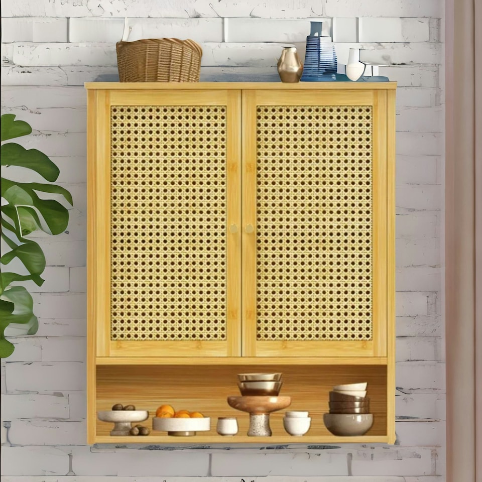 image 1 of Wooden Bathroom Wall-Mounted Storage Cabinet Organiser Natural Brown Brown
