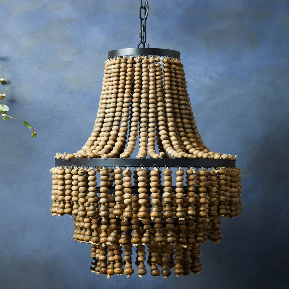 image 1 of Interiors by Premier Rustic Wood Chandelier with Black Iron Frame, Handcrafted Three-Tier Pendant Light, Organic Hanging Light Brown