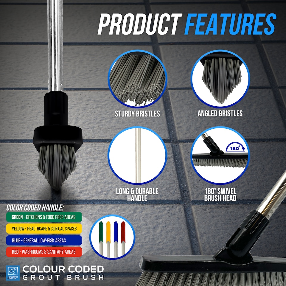image 1 of Colour-Coded Angled Grout Brush with Handle 180° Swivel Tile & Corner Scrubber