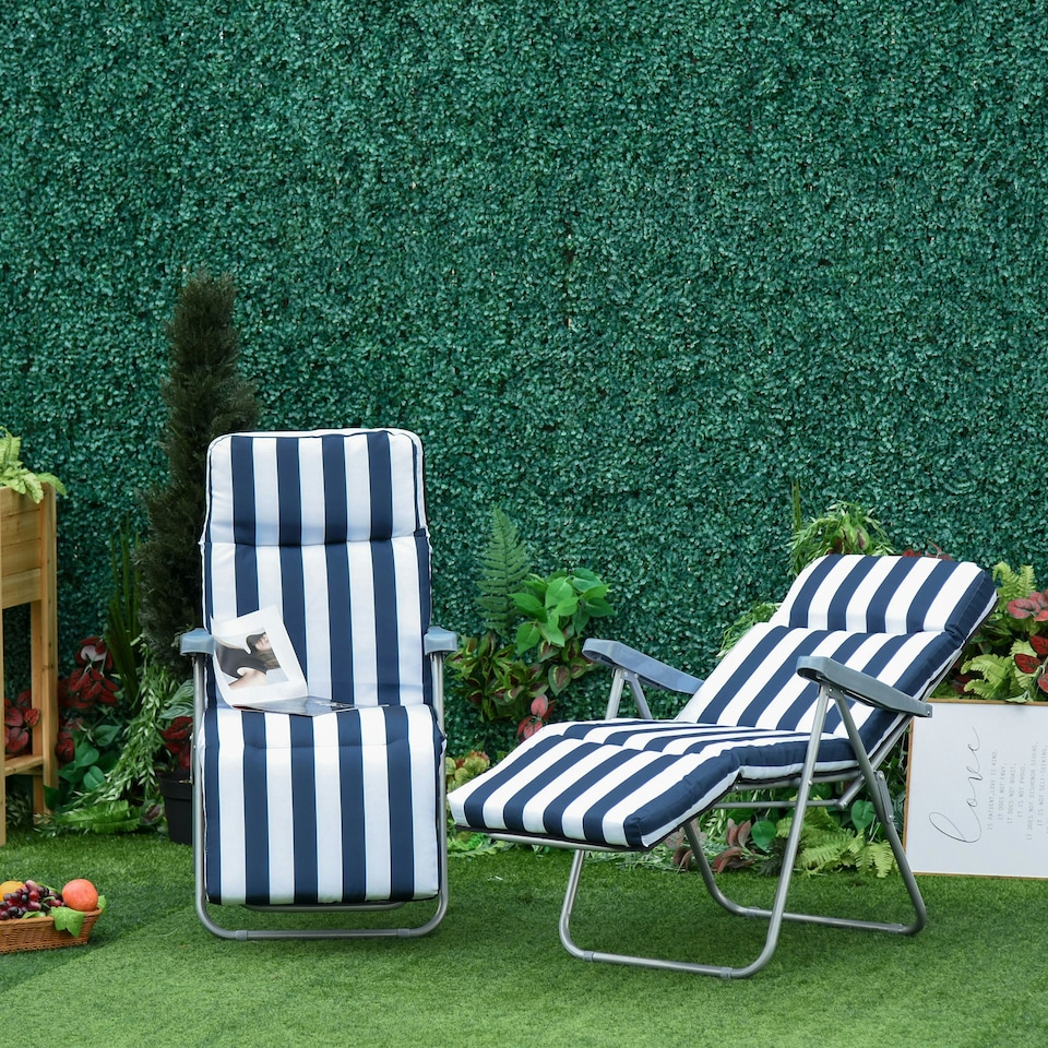 image 1 of Outsunny Set of 2 Folding Sun Lounger Recliner Chairs Daybed Cushion Blue White