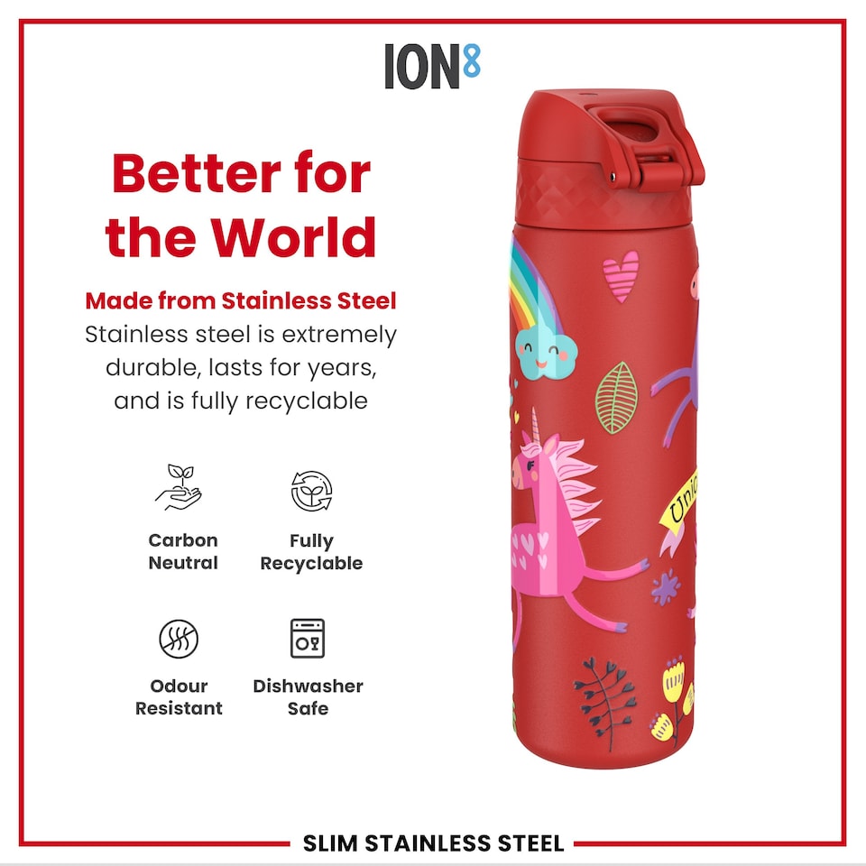 image 1 of Leak Proof Slim Water Bottle, Stainless Steel, 600ml (20oz) | Red | Unicorns Red | One Size