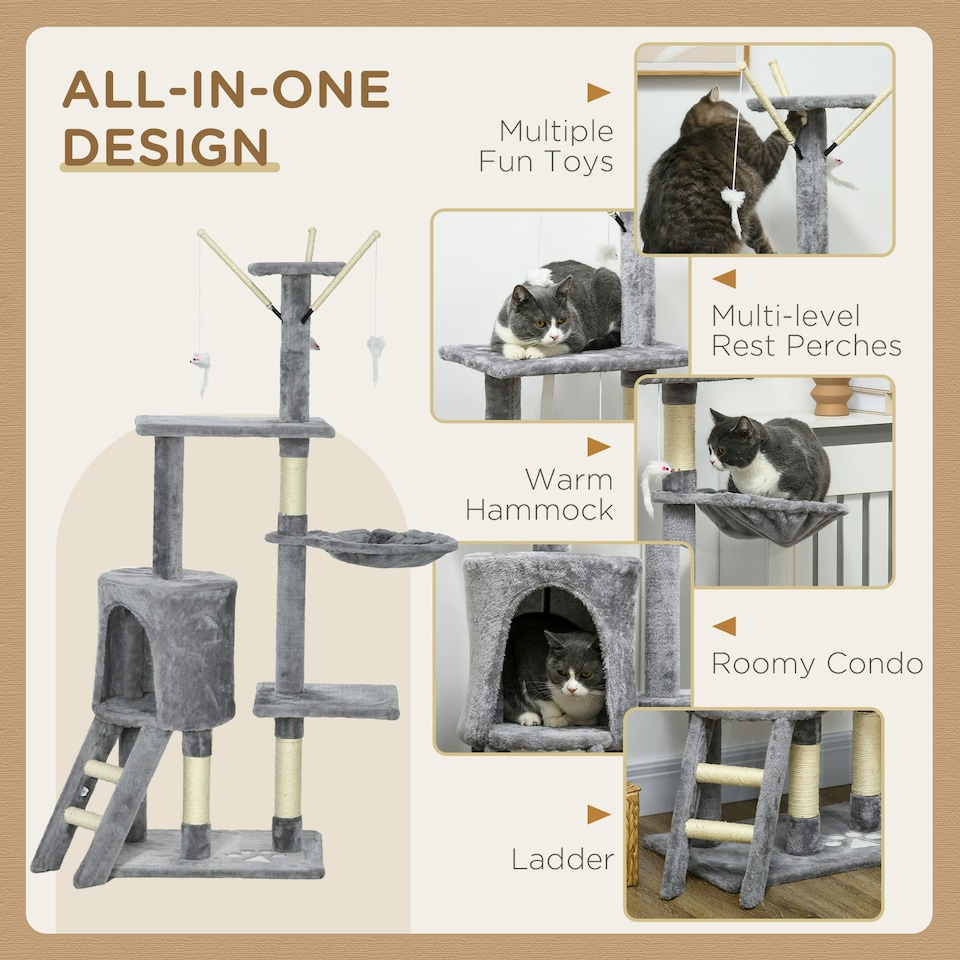 image 1 of PawHut Cat Tree for Indoor Cats, 135cm Scratching Post Climbing Tower, Grey