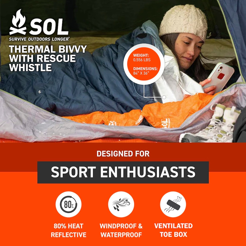 image 1 of Thermal Bivvy with Whistle - Survival Emergency Shelter & Sleeping Bag | Grey | Grey | One Size | 1