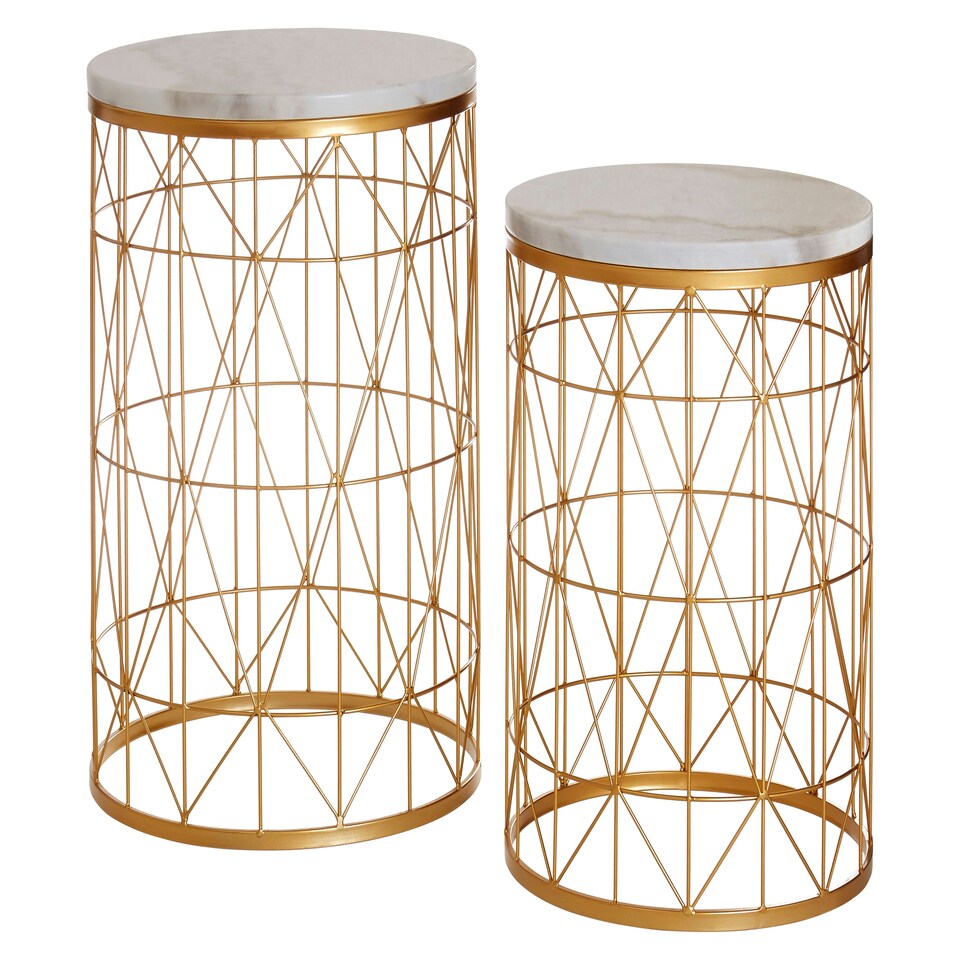 image 1 of Interiors by Premier Set Of 2 Marble Top Round Side Tables, White Marble Side Tables With Gold Iron Geometric Base, Nesting Tables