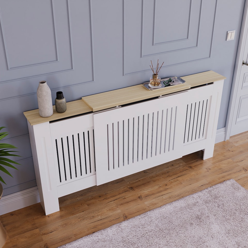 image 1 of Vida Designs Arlington Adjustable Radiator Cover upto 204cm Width Painted MDF Heat Protection - White