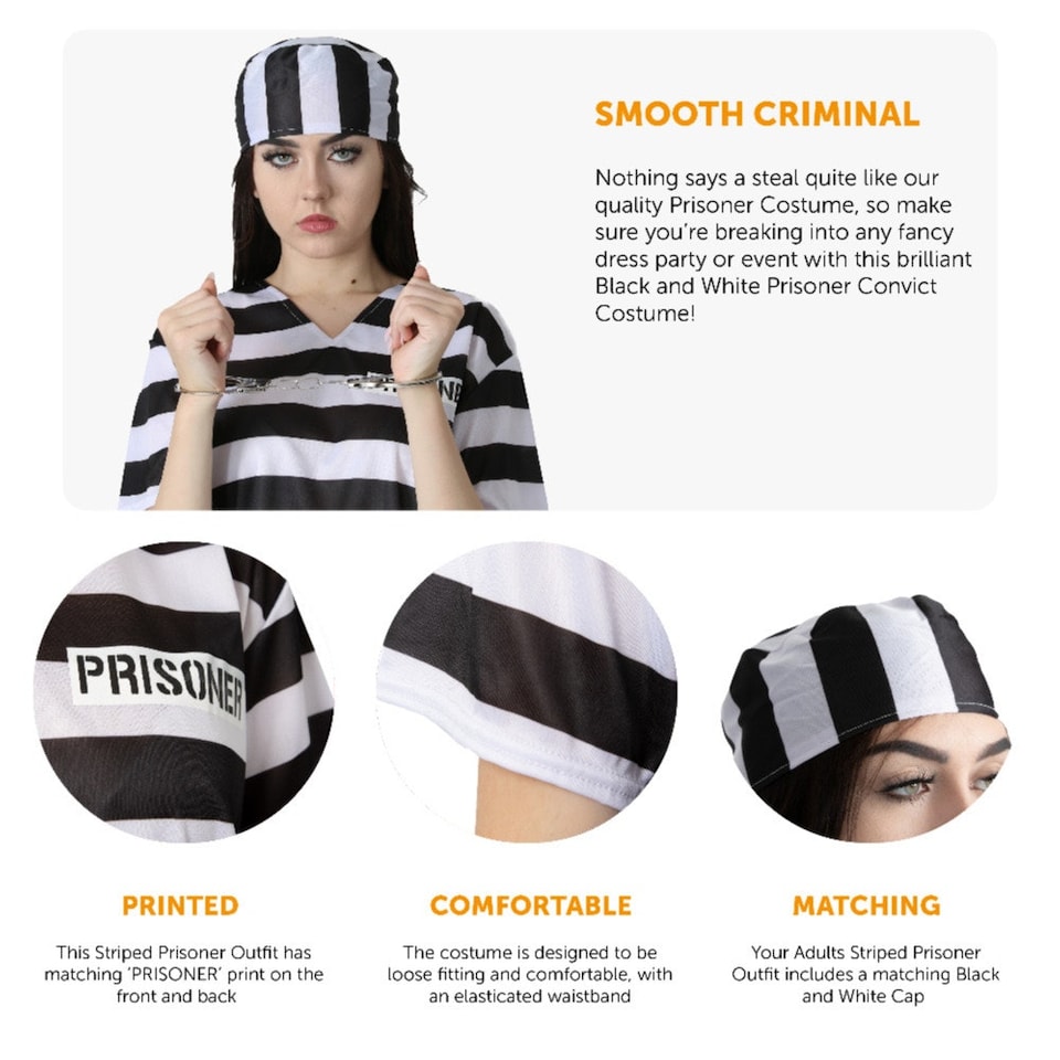 image 1 of Black & White Striped Prisoner Costume Black | L