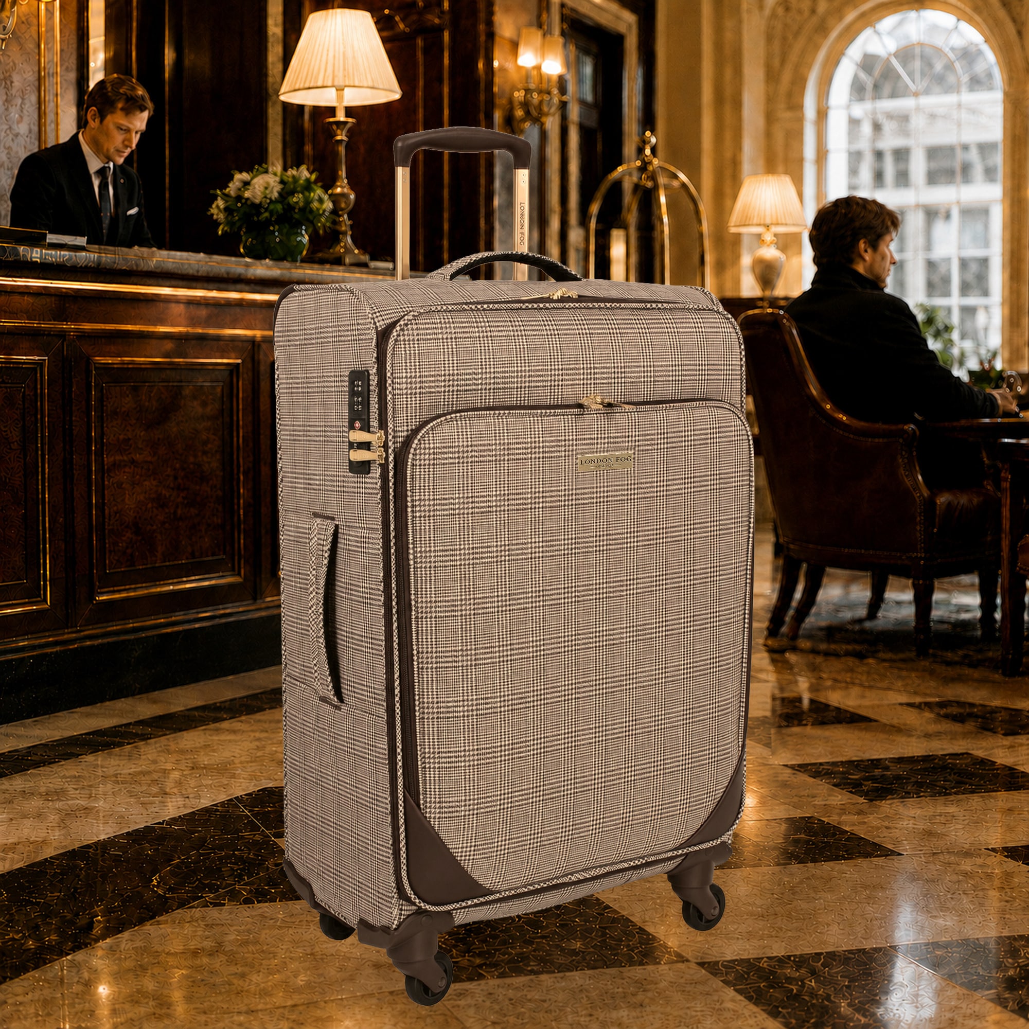 London Fog Camberley Large Soft Shell Suitcase, 4 Wheel Checked Luggage, Brown