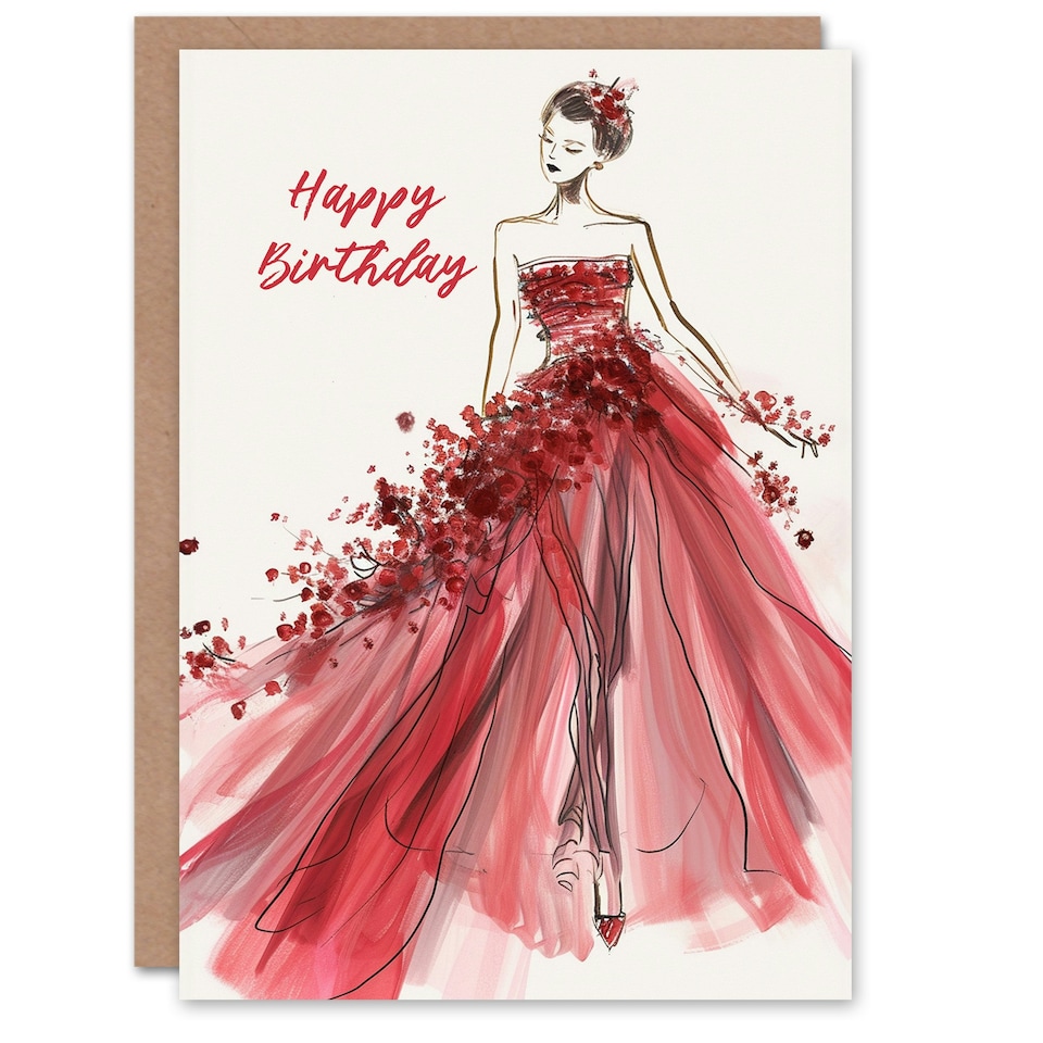 image 1 of Couture Red Floral Dress Fashion Her Birthday Card