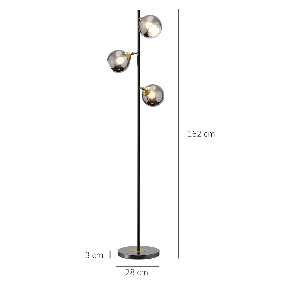 image 1 of HOMCOM 3Light Floor Lamp for Living Room with Glass Global Lampshade, Modern Standing Lamp for Bedroom, Bulb not Included, Grey