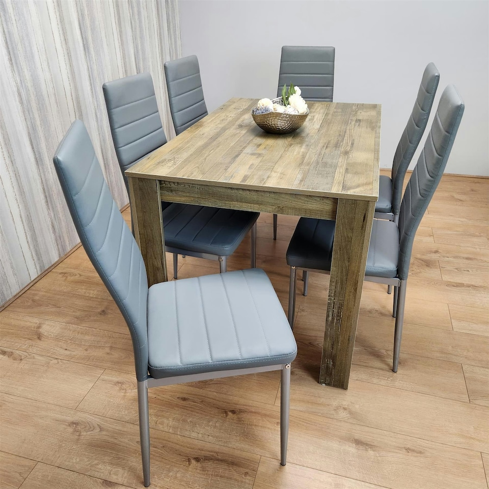 image 1 of Dining Table and 6 Chairs Rustic Effect Wood Table 6 Grey Leather Chairs Dining Room Brown