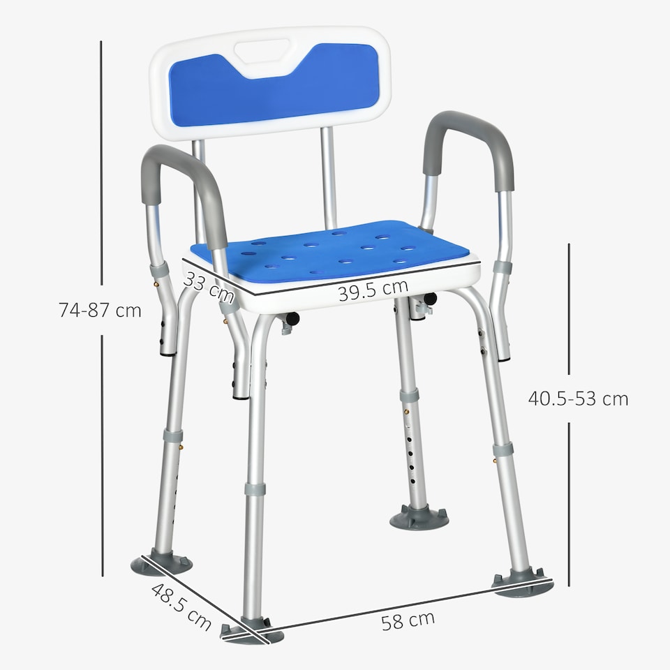 image 1 of HOMCOM EVA Padded Shower Stool with Arms and Back, 4 Suction Foot Pads Blue