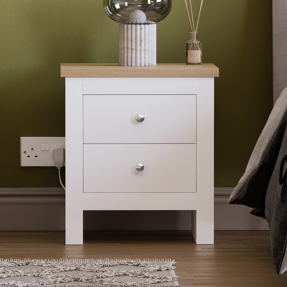image 1 of Vida Designs Arlington 2 Drawer Bedside Chest Shaker Style Cabinet Table Nightstand, White & Oak
