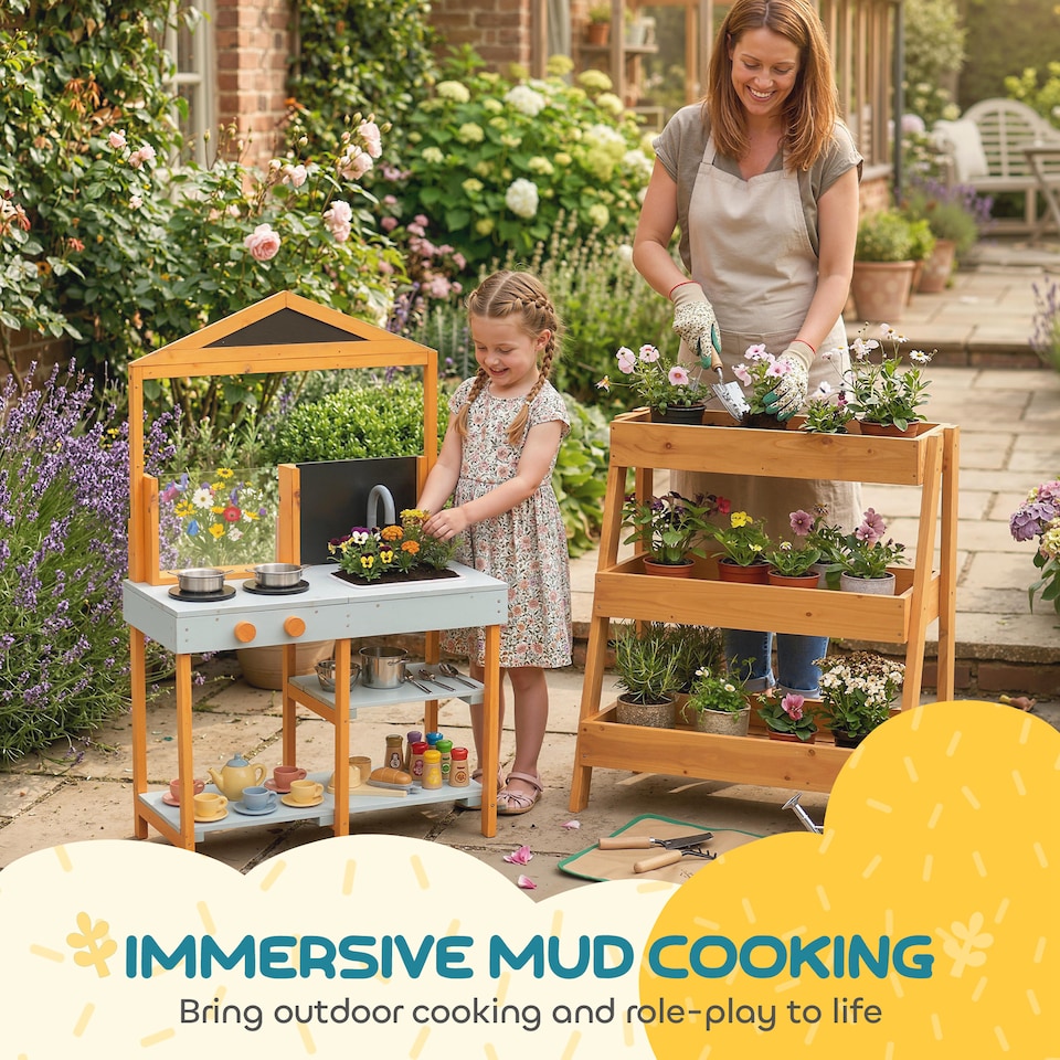 image 1 of AIYAPLAY Wooden Mud Kitchen for Kids with Removable Sink, Cookware, Shelves